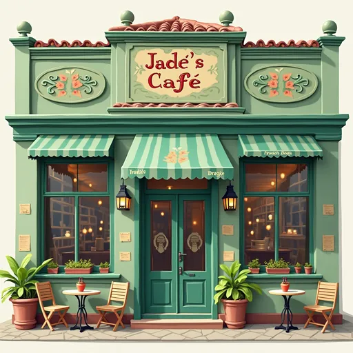Prompt: I need a graphic if a building. It's going to be a Spanish Cafe called Jade's Cafe. We want it to be Jade green building with large windows in the front and cafe tables and chairs. It can be by itself or in line with other buildings. Can you put Café Jade on the window in a nice front.
