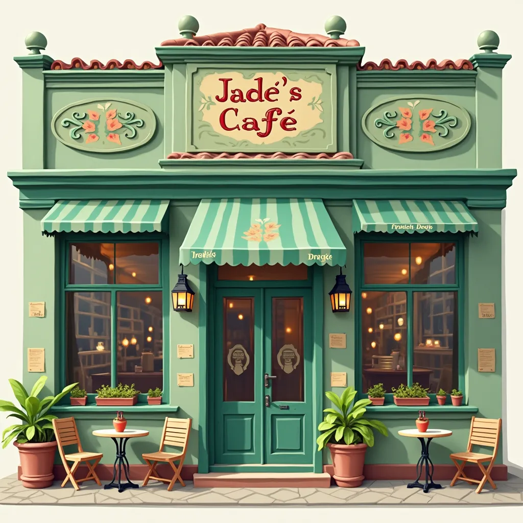 Prompt: I need a graphic if a building. It's going to be a Spanish Cafe called Jade's Cafe. We want it to be Jade green building with large windows in the front and cafe tables and chairs. It can be by itself or in line with other buildings. Can you put Café Jade on the window in a nice front.
