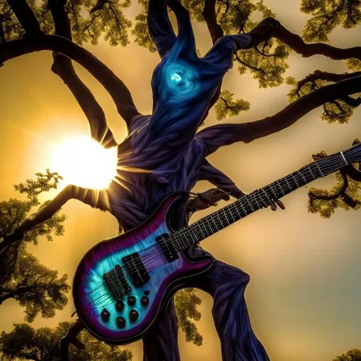Prompt: An anthropomorphic tree uses its branches to play a 6-string sunburst electric guitar. Branches work as arms. Hi res. 
