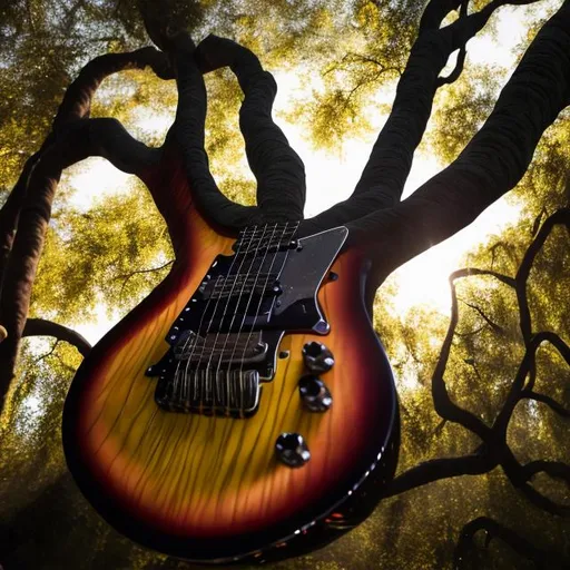 Prompt: An anthropomorphic tree uses its branches to play a 6-string electric guitar. Branches work as arms. Sunburst guitar. Hi res. 