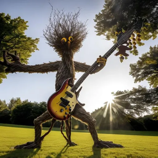 Prompt: An anthropomorphic tree uses its branches to play a 6-string sunburst electric guitar. Style of Pete Townshend of The Who. Branches work as arms. Hi res. 