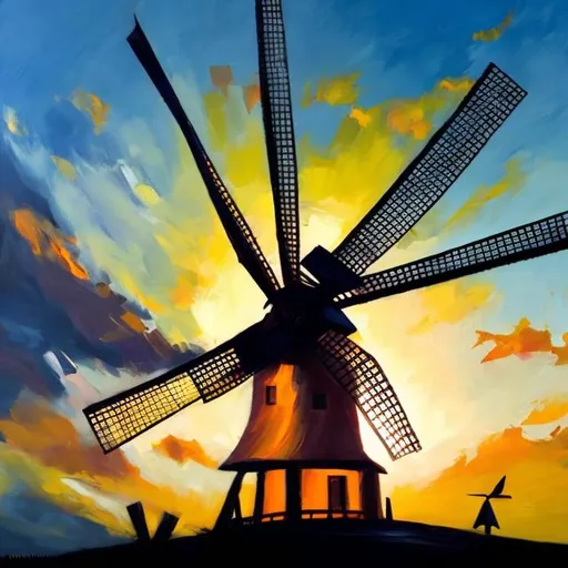 Prompt: An anthropomorphic windmill dances as the sun rises. 
Abstract Oil Painting. Hi res. 
