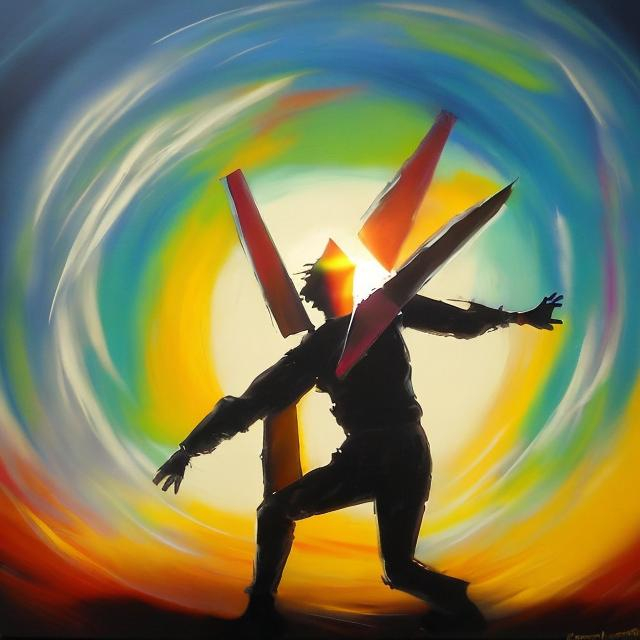 Prompt: A man windmill dances as the sun rises. Evocative of Pete Townsend dancing on stage with The Who. Abstract Oil Painting. Hi res. 