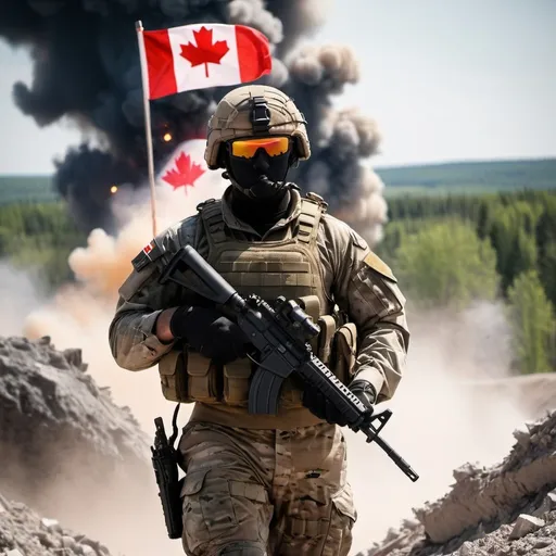 Prompt: A Special Forces style Operator with Canadian flag patches on his uniform extracting from a Danger Zone, with explosions in the distant background