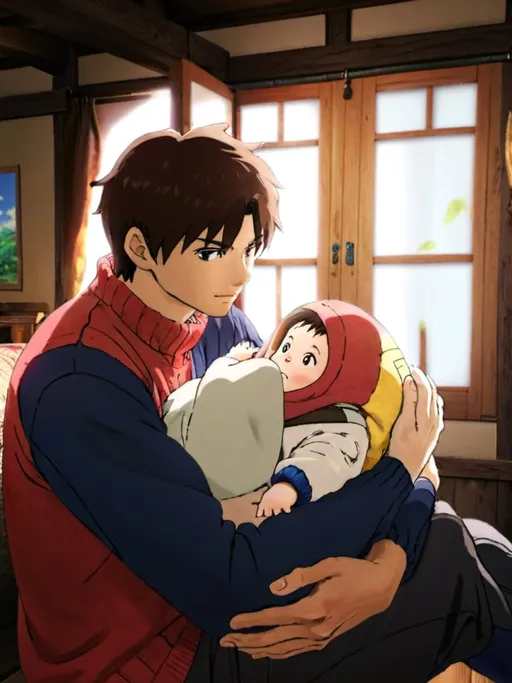 Prompt: The man and his baby in the reference photo sitting in a quaint anime cottage. Similar art style to what's seen in Studio Ghibli movies. 