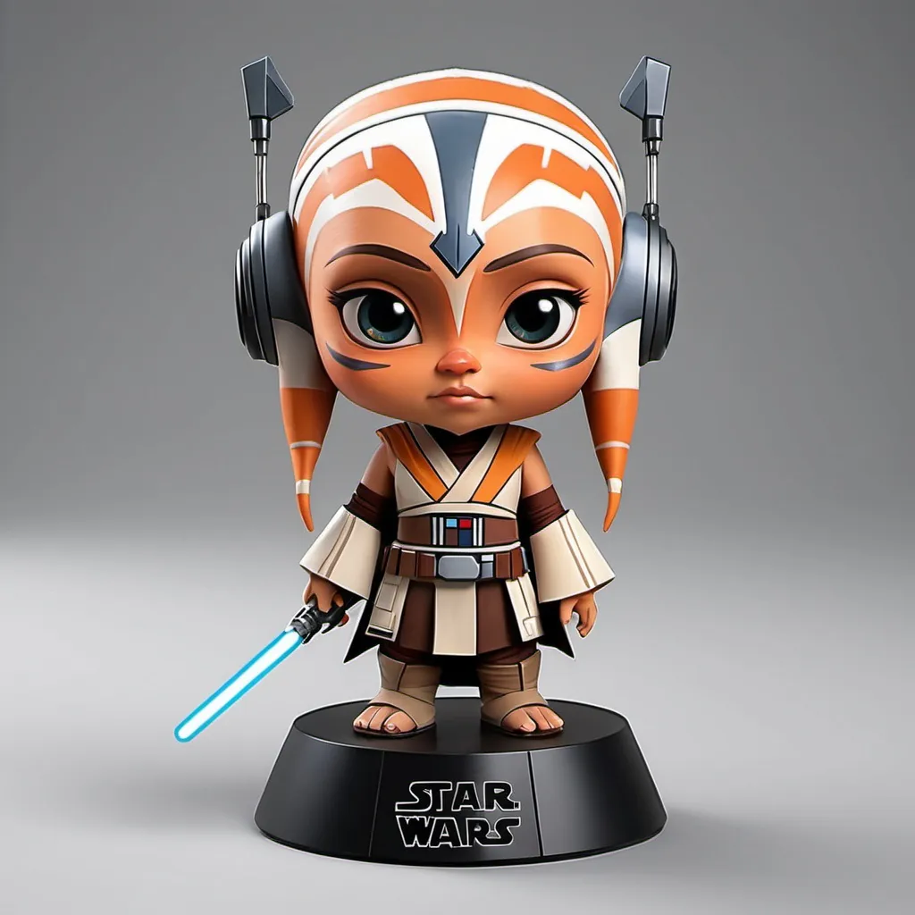 Prompt: El diseño incluirá un audífono y un micrófono. Se representará una criatura emblemática del universo de Star Wars en un estilo 2D vectorial cartoon y animado, preferiblemente chibi o cute, puede ser de la raza de Ahsoka tano, Togruta. El estilo 2D cartoon y animado resaltará la fusión entre Star Wars y el podcasting.El objetivo es crear un diseño llamativo y fácilmente reconocible que capture la esencia un podcast y refleje el contenido del programa. Logo podcast. Logo. Plano. Añadir micrófono y audífonos 