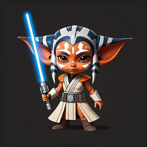 Prompt: El diseño incluirá un audífono y un micrófono. Se representará una criatura emblemática del universo de Star Wars en un estilo 2D vectorial cartoon y animado, preferiblemente chibi o cute, puede ser de la raza de Ahsoka tano, Togruta. El estilo 2D cartoon y animado resaltará la fusión entre Star Wars y el podcasting.El objetivo es crear un diseño llamativo y fácilmente reconocible que capture la esencia un podcast y refleje el contenido del programa. Logo podcast. Logo. Plano.