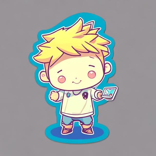 Prompt: Create a 2D sticker sketch of a cute little chibi boy icon with short yellow hair. The boy's head should be 5 times bigger than his body, giving him an adorable and fluffy appearance. Design the sketch in a logo style, with a cartoon aesthetic. Ensure that the character is holding a TCG card in both hands, with one card in each hand. Use a 3D vector art technique to create a cute and quirky look, with an isometric style. The artwork should have an 8K resolution and feature sprouts for added detail. Avoid including a background to keep the focus on the character and the TCG cards in his hands.


