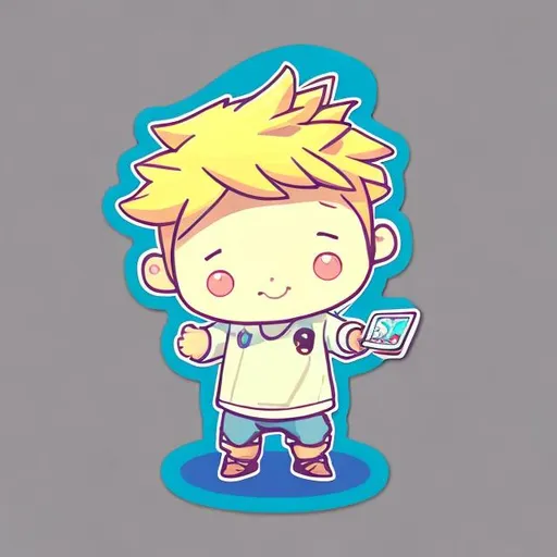 Prompt: Create a 2D sticker sketch of a cute little chibi boy icon with short yellow hair. The boy's head should be 5 times bigger than his body, giving him an adorable and fluffy appearance. Design the sketch in a logo style, with a cartoon aesthetic. Ensure that the character is holding a TCG card in both hands, with one card in each hand. Use a 3D vector art technique to create a cute and quirky look, with an isometric style. The artwork should have an 8K resolution and feature sprouts for added detail. Avoid including a background to keep the focus on the character and the TCG cards in his hands.


