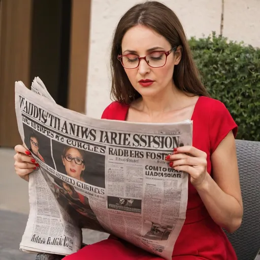 Prompt: woman reading newspaper in red dress and glasses
