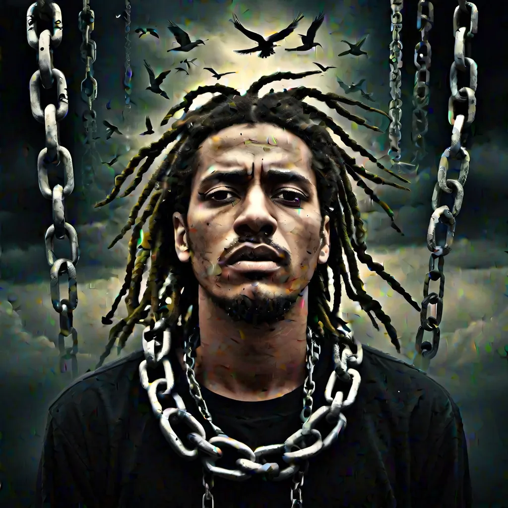 Prompt: Surrealism digital art of a man in distress, void, chaotic typography, dark and haunting atmosphere, surrealistic interpretation, emotional turmoil, intense expression, distorted reality, symbolic imagery, artistic, surrealism, distress, void, typography, chaotic, haunting, emotional, intense, symbolic, dark atmosphere BIRDS RASTA CHAINS
