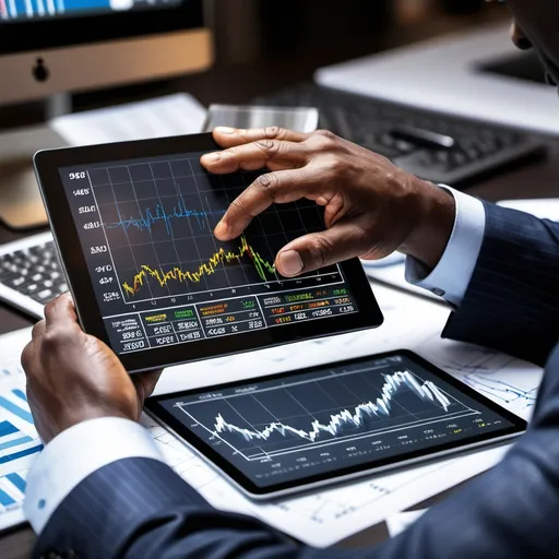 Prompt: African Businessman analyzing investment charts with tablet computer Investment and trading concept Businessmans hand close up using a tablet with a stock market graph and chart on the AI Generated