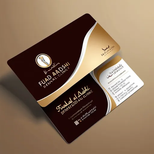 Prompt: (accurately spelled text "Fuad Rashad Al-Awadhi Dental Clinic"), elegant dental clinic card, stylish editorial design, modern & luxurious, gold and silver accents, rich brown background, clear typography for the name, artistic tooth illustration integrated with the name, set on Haziz Street, eye-catching and professional look, high-quality visual, vibrant yet sophisticated feel, perfect for captivating advertisements, (ads-fashion editorial style).