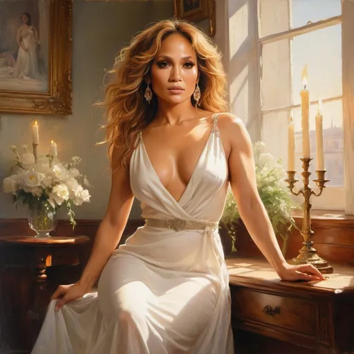 Prompt: a painting of a jennifer lopez in a white dress, a fine art painting, inspired by Henryk Siemiradzki, stunning sunny lighting, candlelit, john park, beautiful painting of a tall