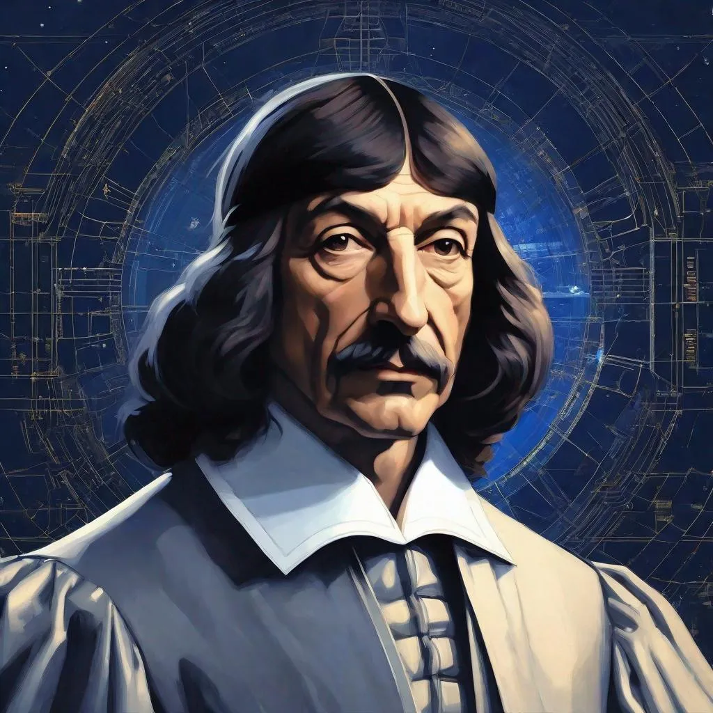 Prompt: portrait of the French mathematician Rene Descartes, Sci fi, 4k, future, cuberpunk  ultra high quality, dark blue colors, in the style of Artgerm, Arthur Suydam, Alex Maleev, Shintaro Kago, Gil Elvgren, Greg rutkowski, art, digital painting