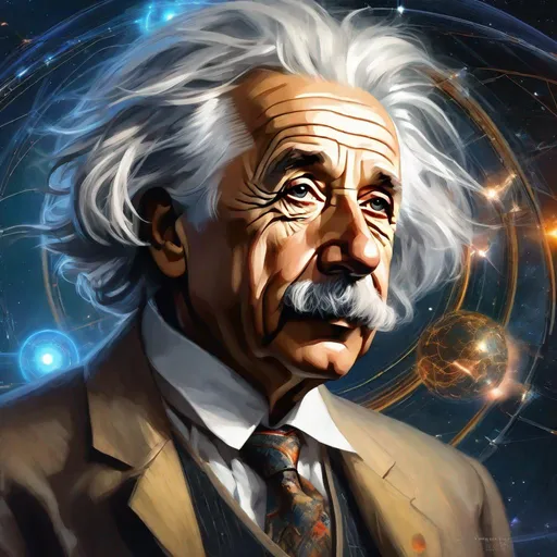 Prompt: Portrait of physicist Albert Einstein, Sci fi, 4k, ultra high quality, in the style of Artgerm, Arthur Suydam, Alex Maleev, Shintaro Kago, Gil Elvgren, Greg rutkowski, art, digital painting