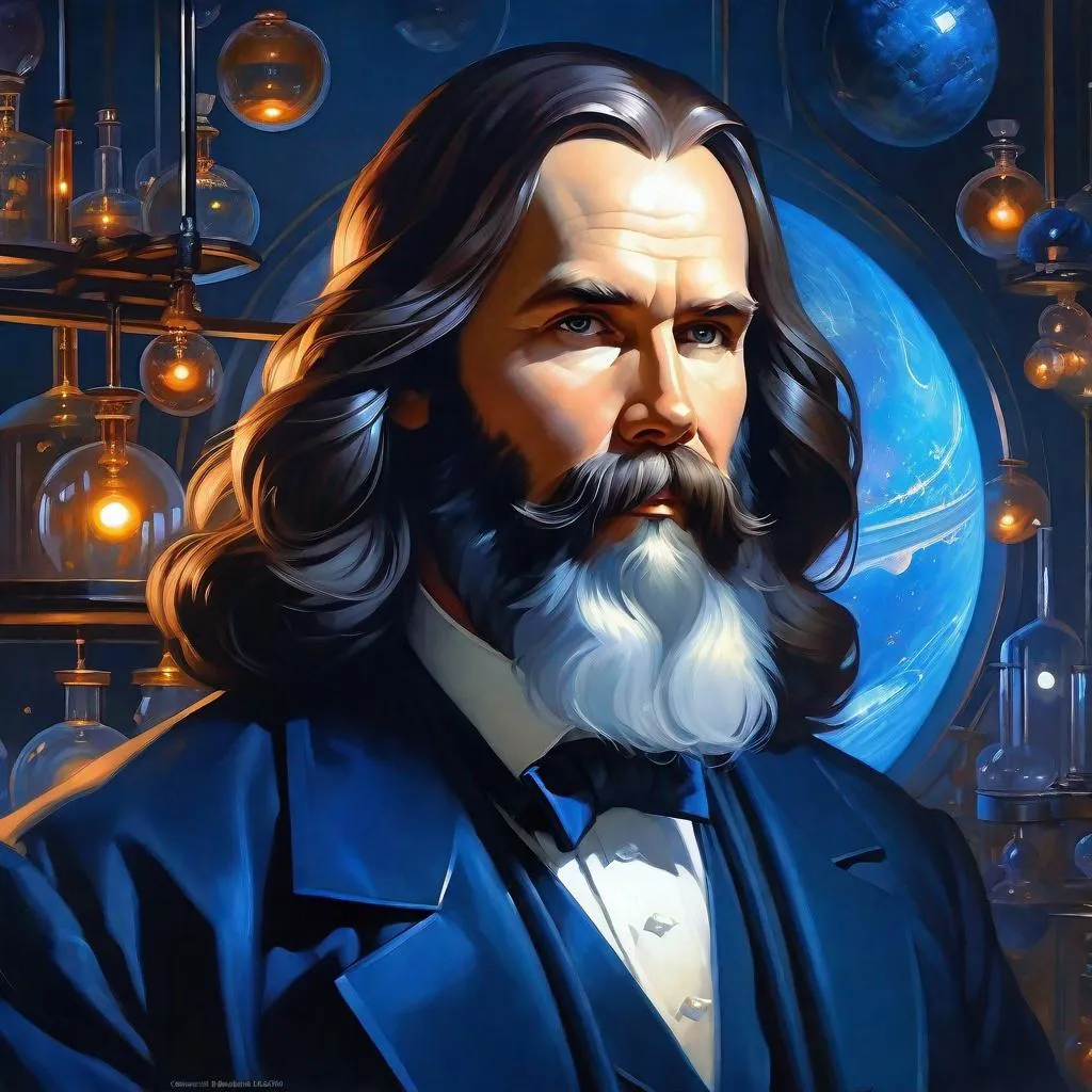 Prompt: portrait chemist Dmitry Mendeleev, Sci fi, 4k, ultra high quality, dark blue colors, in the style of Artgerm, Arthur Suydam, Alex Maleev, Shintaro Kago, Gil Elvgren, Greg rutkowski, art, digital painting