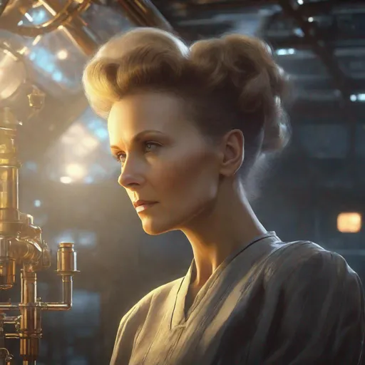 Prompt: Portrait of a woman physicist Marie Curie, Sci fi, 4k, ultra high quality, in the style of, Greg rutkowski, art, digital painting