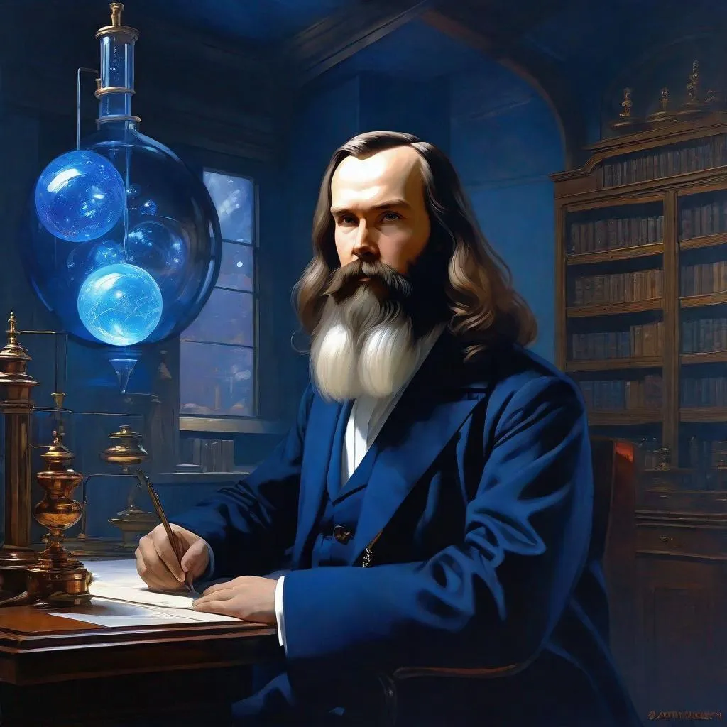 Prompt: portrait of the Russian chemist Dmitry Mendeleev, Sci fi, 4k, future,   ultra high quality, dark blue colors, in the style of Artgerm, Arthur Suydam, Alex Maleev, Shintaro Kago, Gil Elvgren, Greg rutkowski, art, digital painting