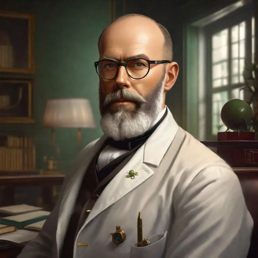 Prompt: Portrait of biologist Robert Koch, 4k, ultra high quality, in the style of, Greg rutkowski, art, digital painting