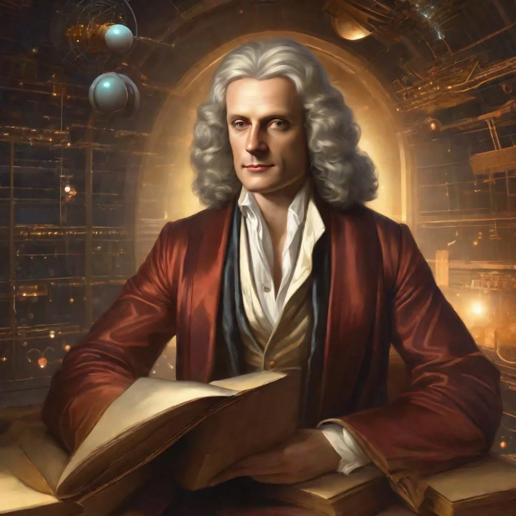 Prompt: Portrait of physicist Isaac Newton, Sci fi, 4k, ultra high quality, in the style of, Greg rutkowski, art, digital painting