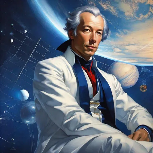 Prompt: portrait of the Leonhard Euler, Sci fi, 4k, future, cuberpunk  ultra high quality, dark blue colors, in the style of Artgerm, Arthur Suydam, Alex Maleev, Shintaro Kago, Gil Elvgren, Greg rutkowski, art, digital painting