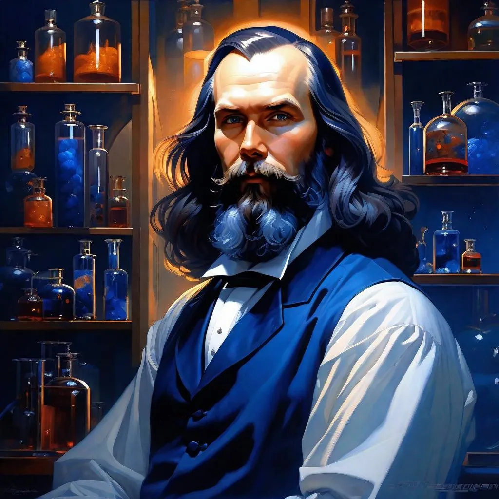 Prompt: portrait chemist Dmitry Mendeleev, Sci fi, 4k, ultra high quality, dark blue colors, in the style of Artgerm, Arthur Suydam, Alex Maleev, Shintaro Kago, Gil Elvgren, Greg rutkowski, art, digital painting