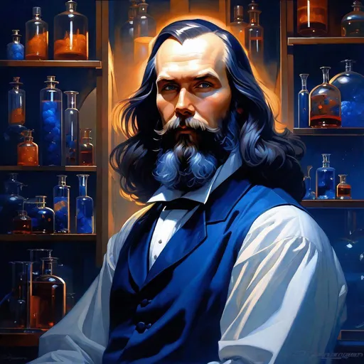 Prompt: portrait chemist Dmitry Mendeleev, Sci fi, 4k, ultra high quality, dark blue colors, in the style of Artgerm, Arthur Suydam, Alex Maleev, Shintaro Kago, Gil Elvgren, Greg rutkowski, art, digital painting