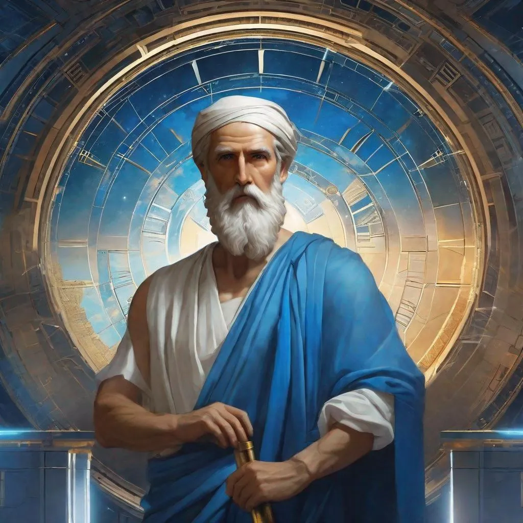 Prompt: portrait of the ancient Greek scientist Pythagoras, Sci fi, 4k, future, cuberpunk  ultra high quality, blue colors, in the style of Artgerm, Arthur Suydam, Alex Maleev, Shintaro Kago, Gil Elvgren, Greg rutkowski, art, digital painting