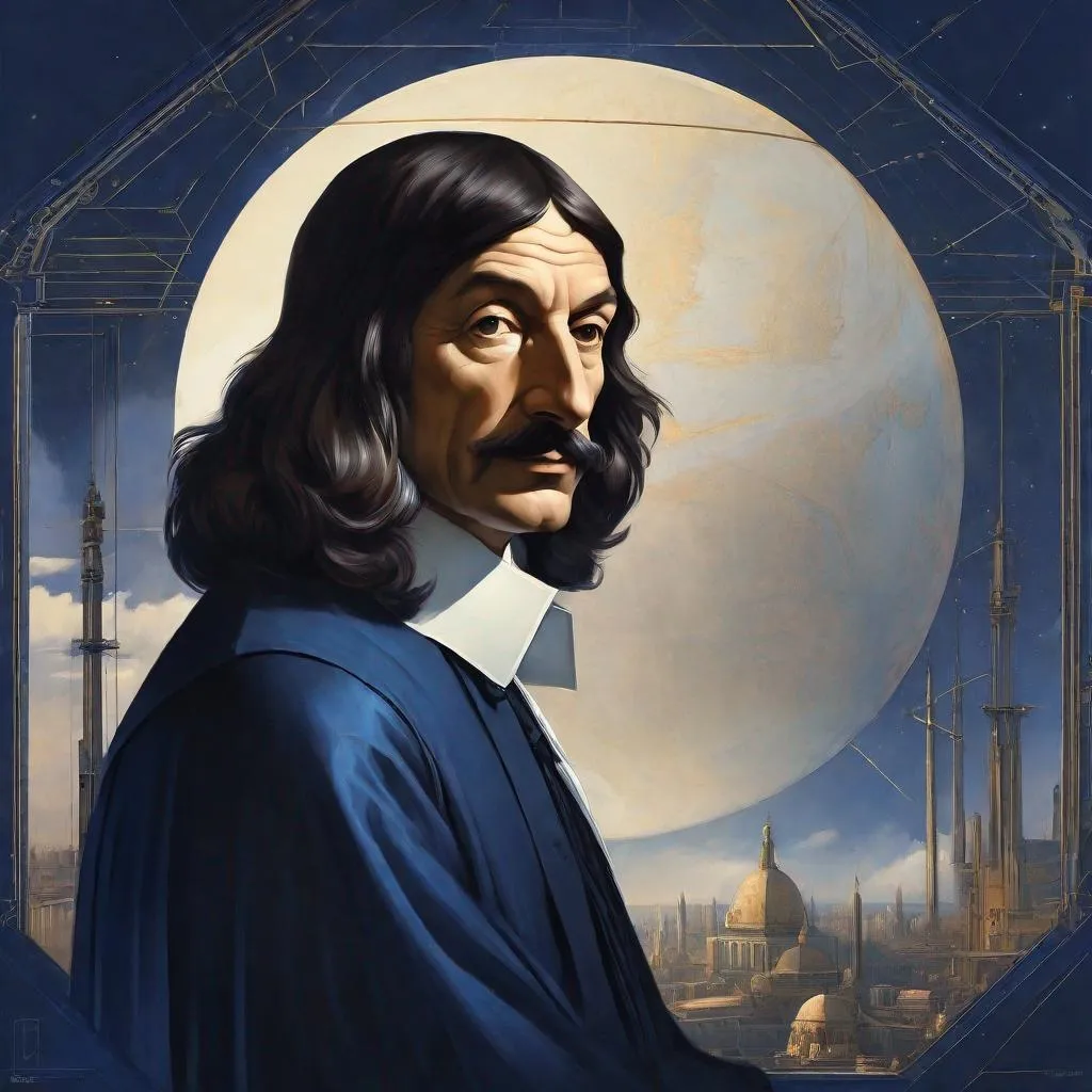 Prompt: portrait of the French mathematician Rene Descartes, Sci fi, 4k, future, cuberpunk  ultra high quality, dark blue colors, in the style of Artgerm, Arthur Suydam, Alex Maleev, Shintaro Kago, Gil Elvgren, Greg rutkowski, art, digital painting