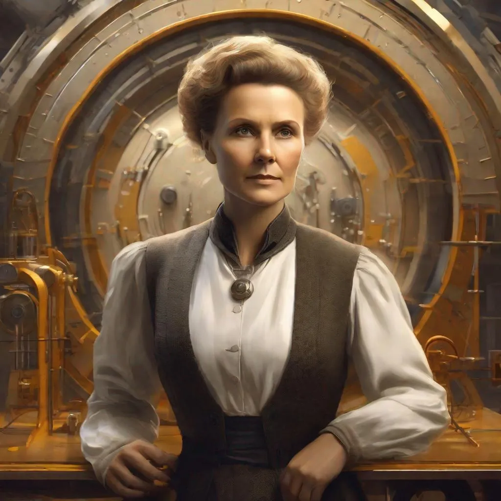 Prompt: Portrait of a woman physicist Marie Curie, Sci fi, 4k, ultra high quality, in the style of, Greg rutkowski, art, digital painting