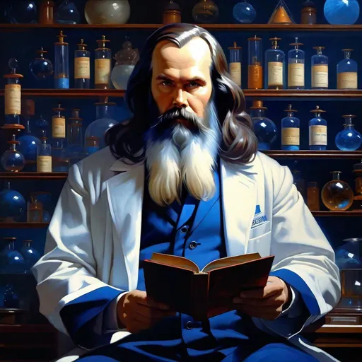 Prompt: portrait chemist Dmitry Mendeleev, Sci fi, 4k, ultra high quality, dark blue colors, in the style of Artgerm, Arthur Suydam, Alex Maleev, Shintaro Kago, Gil Elvgren, Greg rutkowski, art, digital painting
