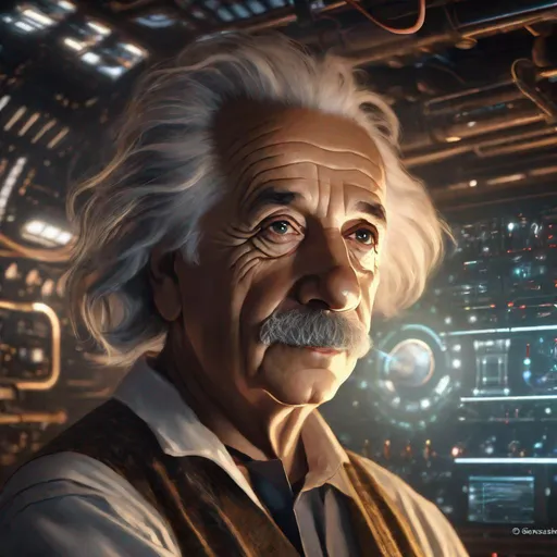 Prompt: Portrait of physicist Albert Einstein, Sci fi, 4k, ultra high quality, in the style of, Greg rutkowski, art, digital painting