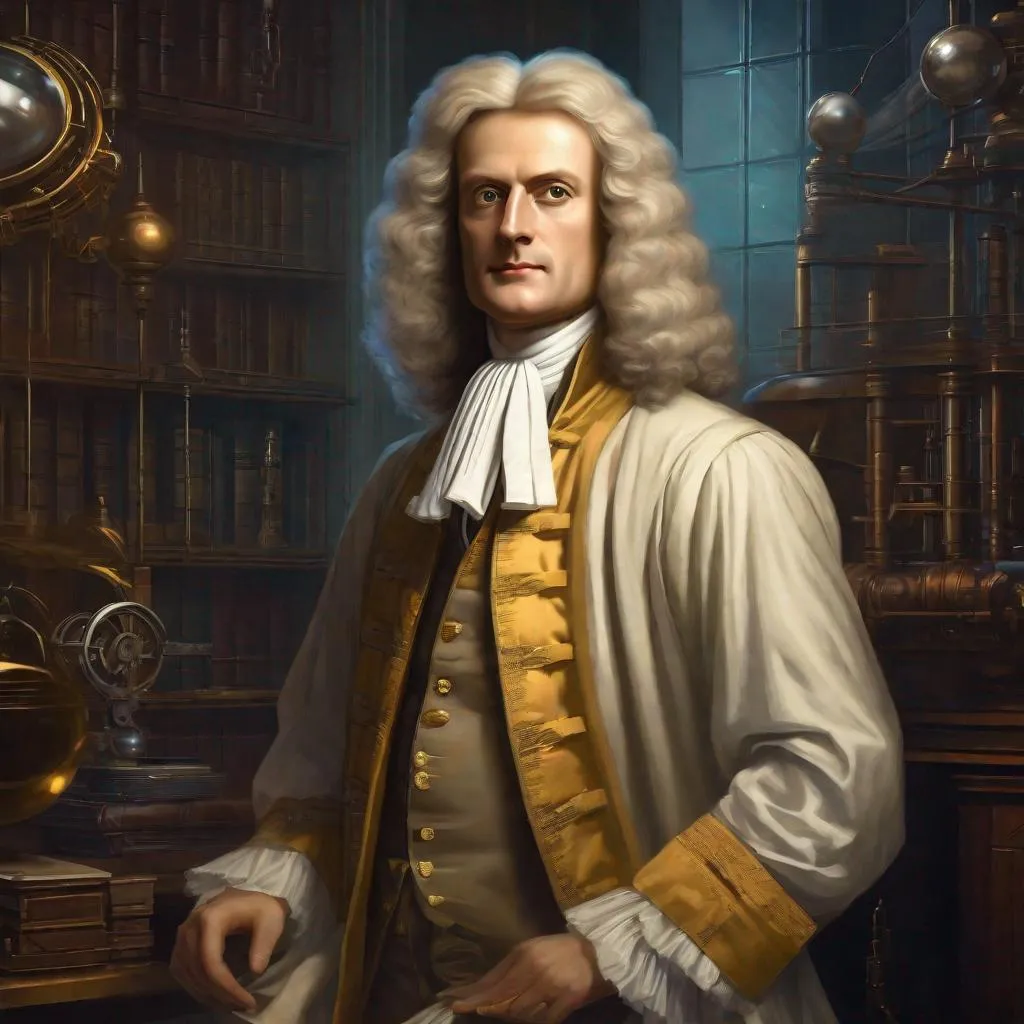 Prompt: Portrait of physicist Isaac Newton, Sci fi, 4k, ultra high quality, in the style of, Greg rutkowski, art, digital painting