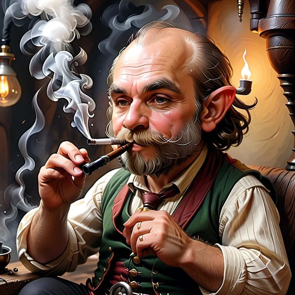 Prompt: A balding halfling smokes a pipe ultra high quality, in the style of, Greg rutkowski, art, digital painting