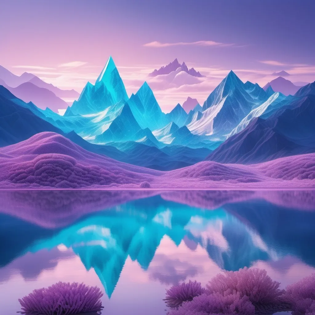 Prompt: A crystalline landscape, softly baked in light purple sunlight, refracting tones of cyan and deep blue, the background is dotted with mountain peaks and clouds