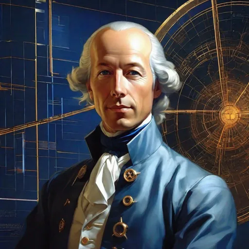 Prompt: portrait of German mathematician Leonhard Euler, Sci fi, 4k, future, cuberpunk  ultra high quality, dark blue colors, in the style of Artgerm, Arthur Suydam, Alex Maleev, Shintaro Kago, Gil Elvgren, Greg rutkowski, art, digital painting