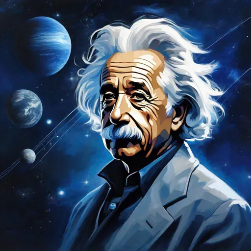 Prompt: Portrait of physicist Albert Einstein, Sci fi, 4k, ultra high quality, dark blue colors, in the style of Artgerm, Arthur Suydam, Alex Maleev, Shintaro Kago, Gil Elvgren, Greg rutkowski, art, digital painting