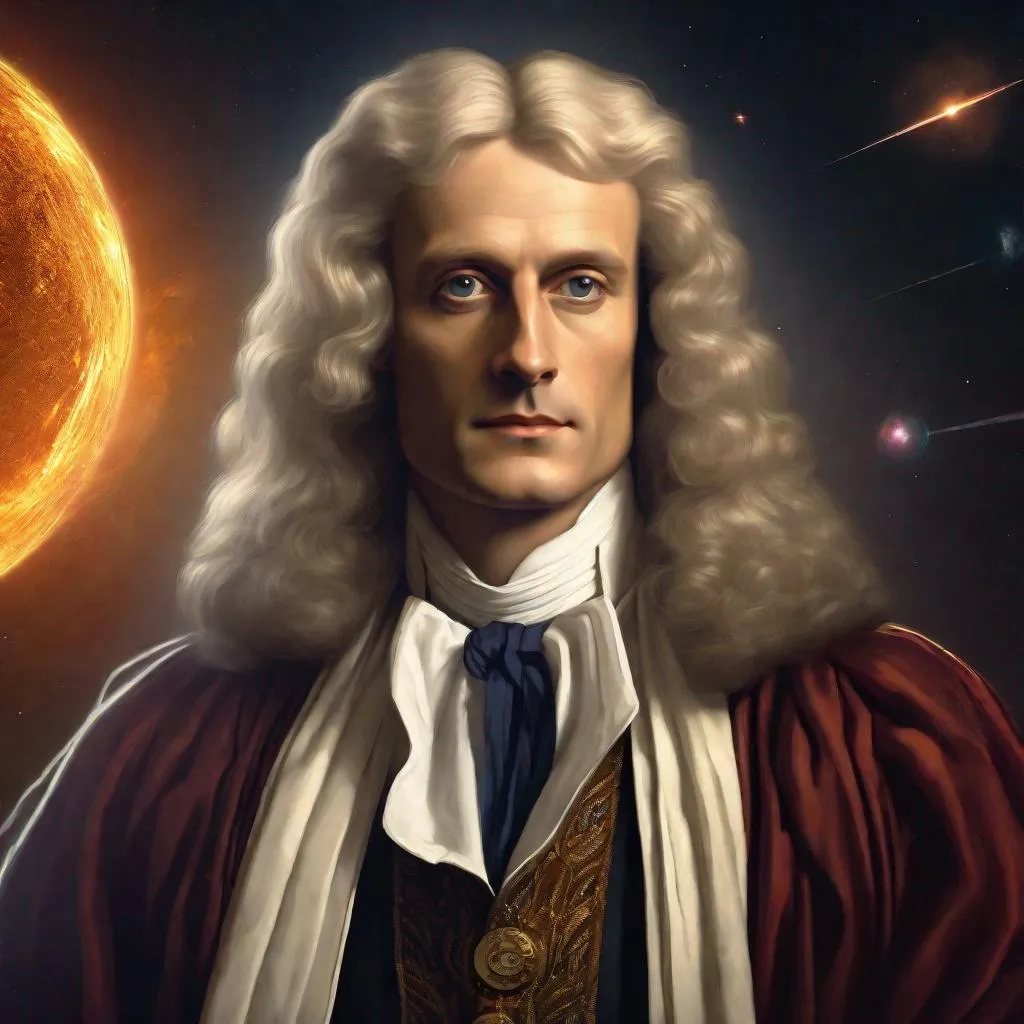 Prompt: Portrait of physicist Isaac Newton, Sci fi, 4k, ultra high quality, in the style of, Greg rutkowski, art, digital painting