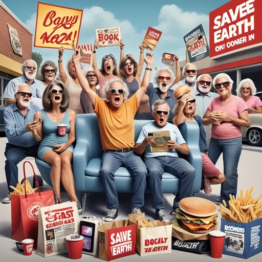 Prompt: Create a satirical image of Baby Boomer culture in 2024. Show Boomers on Facebook, surrounded by symbols of consumerism like shopping bags and fast food, with a TV blaring news about social justice issues. Include signs of nostalgia, like a classic rock concert poster, alongside ironic elements like a 'Save the Earth' poster ignored beside gas-guzzling cars. Depict them in suburban homes, clinging to the past, with subtle nods to their disconnect from younger generations.