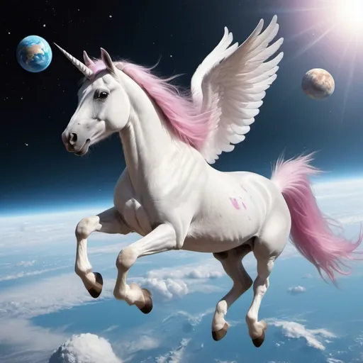 Prompt: Un unicornio volando en el espacio exterior, con estilo foto realista