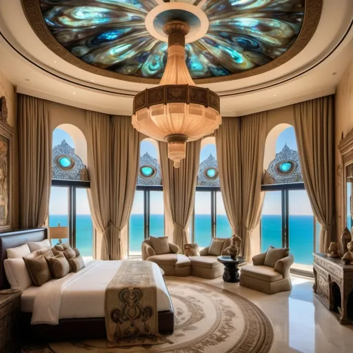 Prompt: Egyptian Dubai royal Mediterranean Balinese penthouse bedroom covered in abalone and abalone silk and as a Sandro Botticelli painting with elaborate abalone chandeliers and high ceilings and ocean views