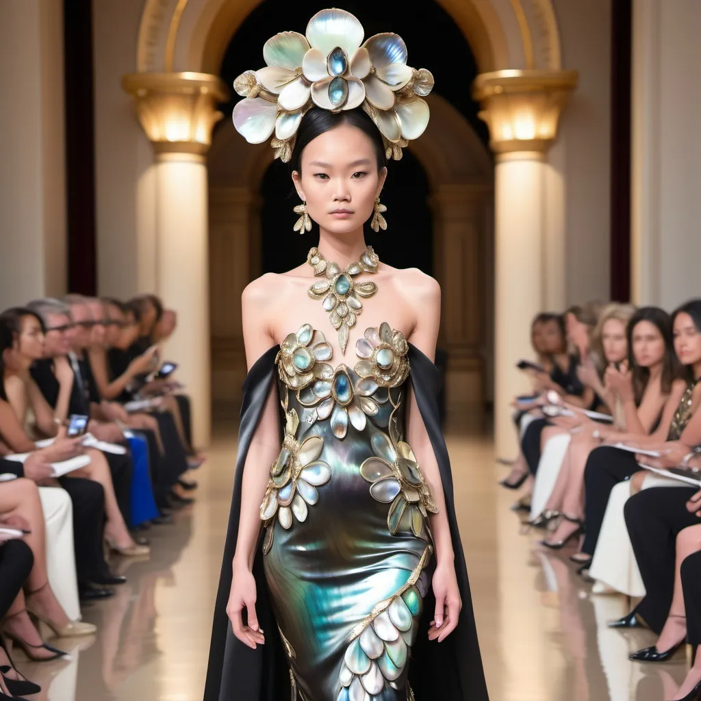 Prompt: Monaco female model with cartier whimsical gorgeous Chen Lu, aestheticism,  featuring abalone and Mother of pearl and black Tony Ward  Valentino fitted gold gown full length body photo on runway with floral heels Large Balinese micro orchid abalone headdress