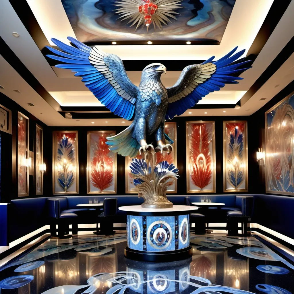 Prompt: 1920's Indian psychedelic Elaborate jewel beaded abalone eagle feathers murals Swarovski black and white and blue and indigo Monaco Indian Dubai Egyptian fine dining casino bar with high ceilings and elegant pearl abalone decor and tall micro orchids as a Sandro Botticelli painting interior design with red star beams Swarovski accents and blue watercolor abalone marble floor and eagle statue made of fire opal and abalone