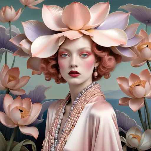 Prompt: Chanel Armani Gatsby extravagant luxury 1990's 1920's 1940's pink lotus white abalone mother of pearl elaborate beaded 1920's Chanel japanese iris van herpen silk penthouse geisha featuring peach lavender and coral hair as a Sandro Botticelli Portrait painting in Georgia o Keefe style