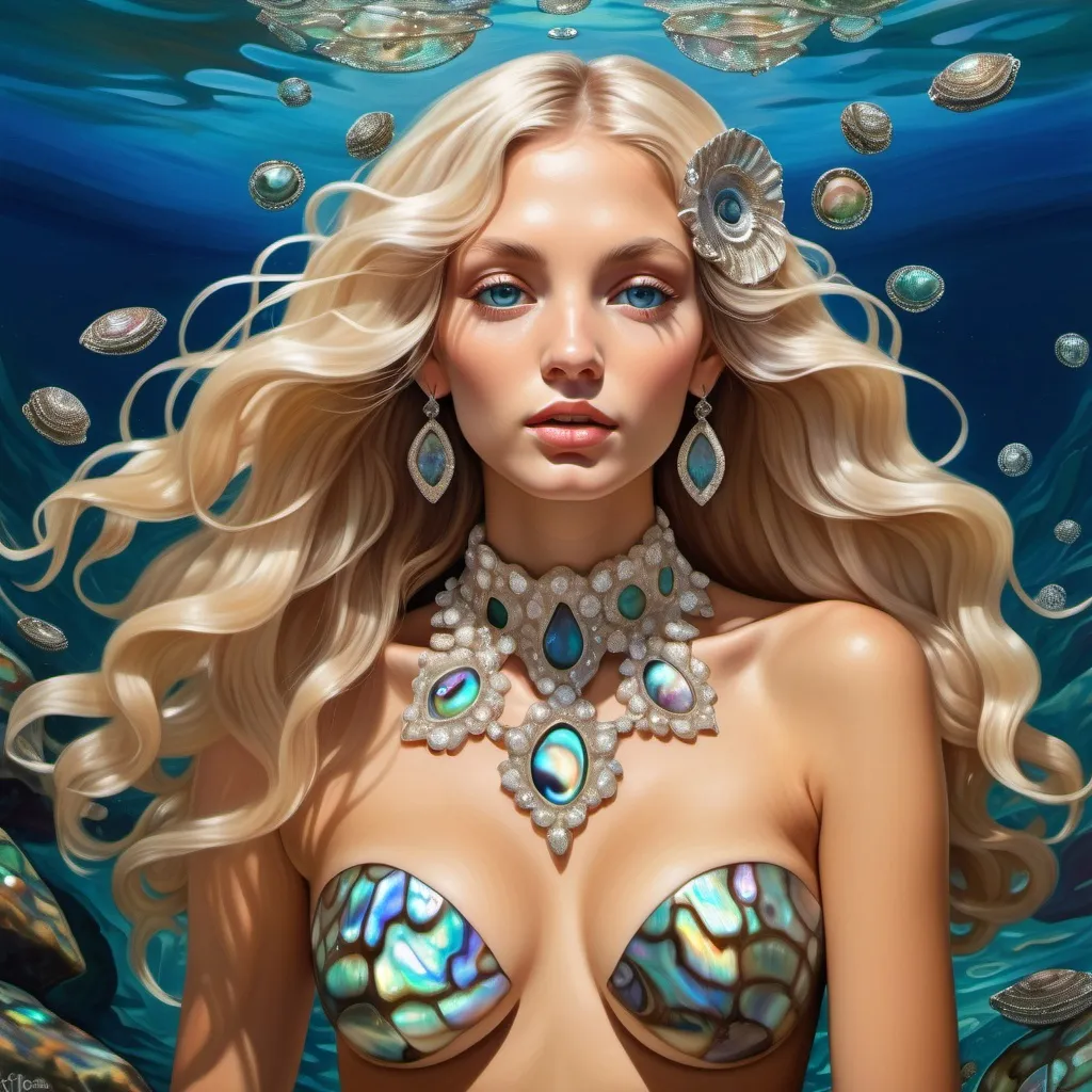 Prompt: Hawaiian French sultry feminine slender attractive tan platinum blonde female starlet model in abalone jeweled mermaid underwater portrait as a Sandro Botticelli fashion painting in high resolution with shiny abalone details with abalone kaleidoscope background