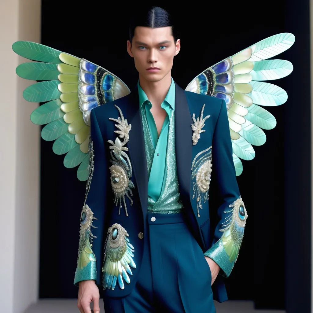 Prompt: Chanel Armani Gatsby extravagant luxury 1990's 1920's 1940's fashion in Navy indigo black turquoise mother of pearl emerald abalone on swedish Monaco slender tall gorgeous masculine muscular male model in elaborate beaded 1920's Chanel japanese fitted kimono iris van herpen silk embroidered pant suit with chartreuse ABALONE ANGEL WINGS and with black hair as a Sandro Botticelli Portrait full body painting in Monaco casino