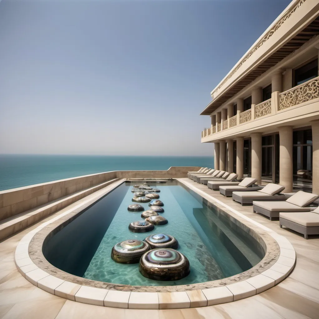 Prompt: Egyptian Dubai royal Mediterranean Balinese outdoor pool with abalone covered in platinum abalone and abalone silk and as a Sandro Botticelli painting with ocean views