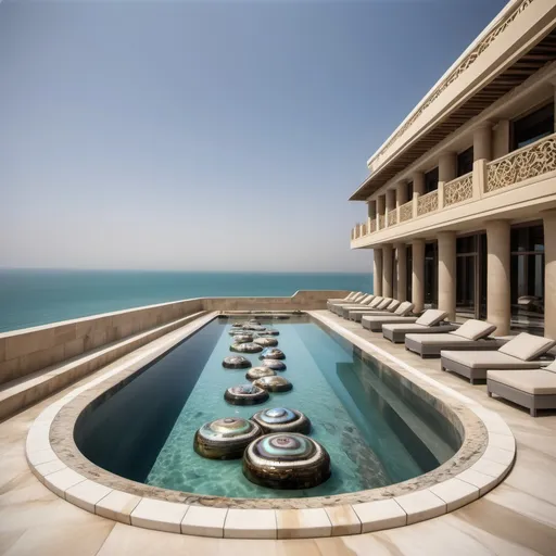 Prompt: Egyptian Dubai royal Mediterranean Balinese outdoor pool with abalone covered in platinum abalone and abalone silk and as a Sandro Botticelli painting with ocean views