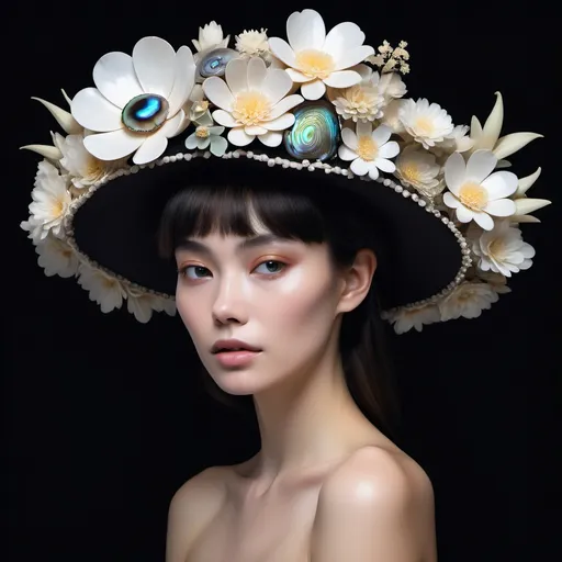 Prompt: Monaco female model with flowers in her hair and a hat on her head and a black background with a white flower, whimsical gorgeous Chen Lu, aestheticism, flowers, portrait featuring abalone and Mother of pearl